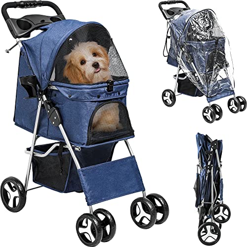 YITAHOME Hundewagen Katzenwagen mit Aufbewahrungskorb, 4 Rädern, Faltbarer Hundebuggy, Tragbarer Haustier Kinderwagen, Leicht, Praktisch, Abnehmbar (Blau) von YITAHOME