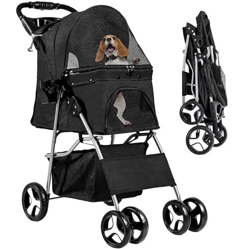 YITAHOME Hundewagen Katzenwagen mit Aufbewahrungskorb, 4 Rädern, Faltbarer Hundebuggy, Tragbarer Haustier Kinderwagen, Leicht, Praktisch, Abnehmbar (Schwarz) von YITAHOME