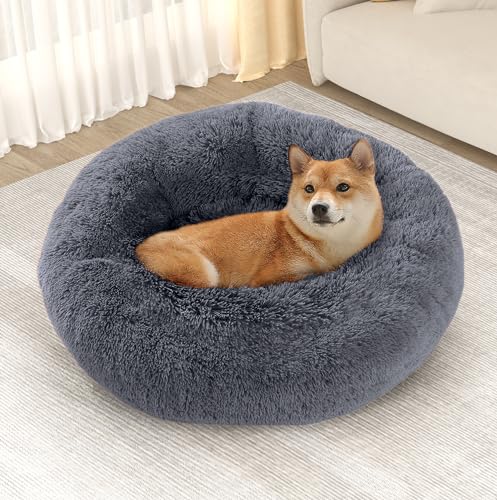 YITAHOME Katzenbett Flauschig, Katzenkorb zum Schlafen, Katzenkissen Flauschig, Katzenkörbchen hundekörbchen, Katzen Bettchen waschbar für Katzen, Hundebetten, Hundebett Rund, 76x76x20 cm (Dunkelgrau) von YITAHOME