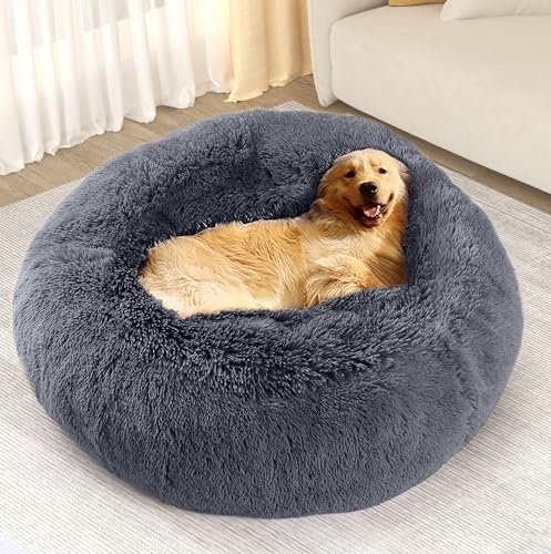 YITAHOME Beruhigendes Hunde- und Katzenbett, Anti-Angst, Donut-Wärme, gemütlich, weich, rund, flauschiges Kunstfell-Plüschkissen, Haustierbett, Grau, 91,4 cm, passend für Haustiere bis zu 45,4 kg von YITAHOME