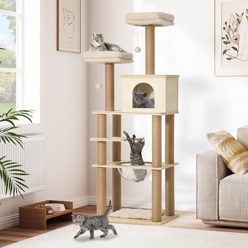 YITAHOME Katzenmöbelbaum mit Acrylnest, Kratzbaumturm mit 10 Sisalpfosten, hölzerner Katzenkletterturm mit abnehmbarem Plüschkissen/vollständig mit Sisal überzogene Säulen/Eigentumswohnungen/2 Bälle von YITAHOME