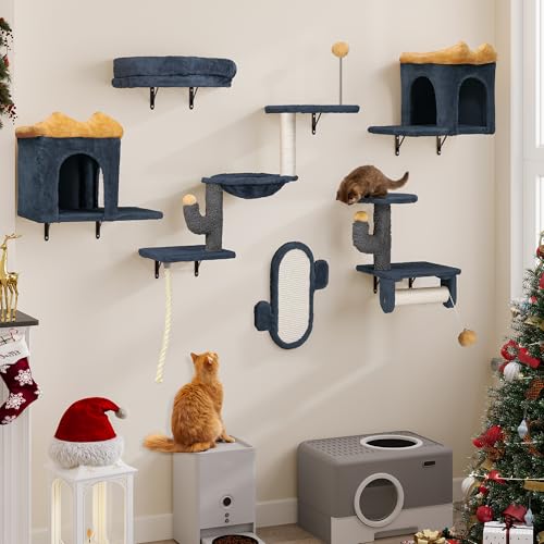 YITAHOME 7 PCS Katzenkletterwand-Set, Stabiles Plüsch-Klettergerüst für Katzen, Katzenklettergerüst Spieltürme mit Katzenhaus, Katzenhängematte und Hängeball, Dunkelgrau & Gelb von YITAHOME