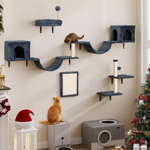 YITAHOME 8 PCS Katzenkletterwand-Set, Stabiles Plüsch-Klettergerät für Katzen, Katzenklettergerüst Spieltürme mit Kratzbäumen, Katzenhaus, Katzenbrücke, Katzentreppe und Hängeball, Dunkelgrau von YITAHOME