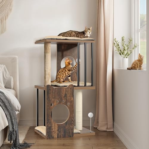 YITAHOME 90 cm Moderner Katzenbaum mit 3 Ebenen für große Hauskatzen, Katzenturm aus Holz mit Kratzbäumen, abnehmbaren Kissen, Federball, Pompon, rustikales Braun von YITAHOME