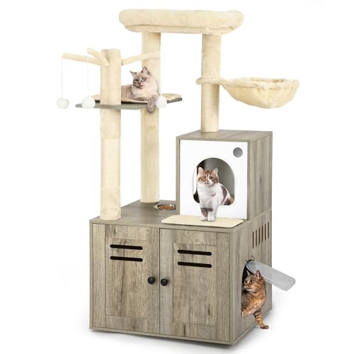 YITAHOME Kratzbaum mit Katzenklo-Schrank, 2-in-1-Katzenkratzbaum aus Holz mit Sisalstämmen, Katzenmöbelbaum mit abnehmbarem Plüschkissen/Katzennapf/Katzentoilette-Gehäuse/Hängematte/3 Bälle, Grau von YITAHOME