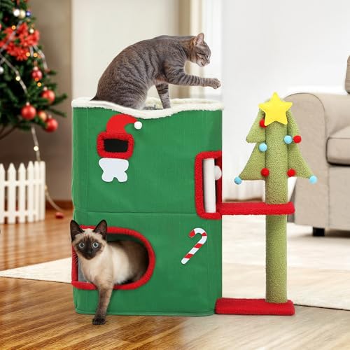 YITAHOME Weihnachts-Katzenhaus mit 2 Etagen für Hauskatzen, Bett, überdachte Katzenbetten und -möbel mit Autobahnhöhle, Kratz- und Juckreizpfosten, 68 x 35 x 64 cm (grün) von YITAHOME