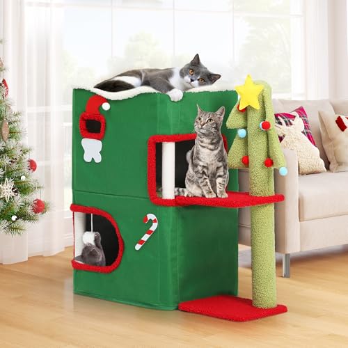 YITAHOME Weihnachts-Katzenhaus mit 2 Etagen für Hauskatzen, Bett, überdachte Katzenbetten und -möbel mit Autobahnhöhle, Kratz- und Juckreizpfosten, 68 x 35 x 64 cm (grün) von YITAHOME