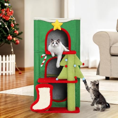 YITAHOME Weihnachts-Katzenhaus mit 3 Etagen für Hauskatzen, Bett, überdachte Katzenbetten und -möbel mit Autobahnhöhle, Kratz- und Juckreizpfosten,52 x 45 x 85 cm (grün) von YITAHOME