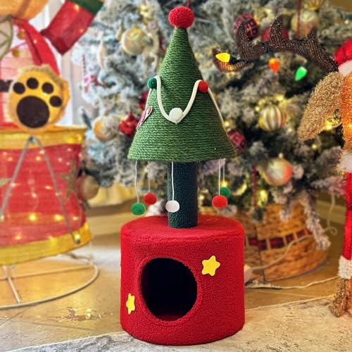 YITAHOME YITAHOME Kratzbaum Weihnachten Turm mit Katzenkratzbaum, 81,3 cm, niedlicher Katzenbaum mit Plüsch-Hängeball, Katzenturm für Indoor-Katzen mit Katzenhütten von YITAHOME