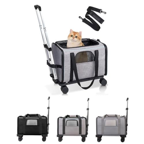 YIWEOG Haustier-Trolley-Tasche, Abnehmbarer Rollträger für kleine Hunde und Katzen, tragbarer Haustier-Reiseträger mit Teleskopgriff und Schultergurt von YIWEOG