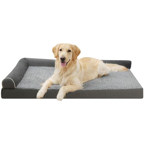 Orthopädisches Hundebett, wasserdicht, für große Hunde, Deluxe, Plüsch, L-förmige Hundecouch, Betten mit Eierkisten-Schaumstoff, abnehmbarer, waschbarer Bezug und rutschfester Unterseite (Grau, Größe von YIZHUOPET