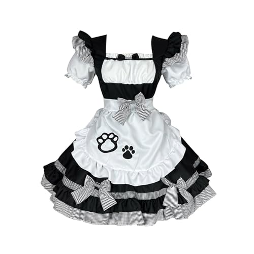 YIZITU Anime-Dienstmädchen-Cosplay-Kostüm für Damen, mit Pfotenabdruck, Schürze mit Rüschen, Schleife, japanisches Outfit, weiß von YIZITU