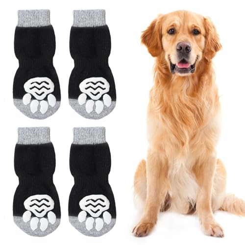 YIZWINS 2 Paar Indoor Anti-Rutsch Socken für Hunde und Katzen, Weicher Verstellbarer Pfotenschutz Hund, Hundeschuhe Pfotenschutz, Socken Hund, Hundesocken für Kleine, Mittlere - Schwarz von YIZWINS