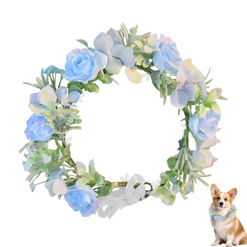 YIZWINS Hochzeitsblumenhalsband für Hunde, Kopfschmuck mit Blumenkranz, Haarkranz, Fliege für Hunde, Hochzeit, Hund (blau) von YIZWINS