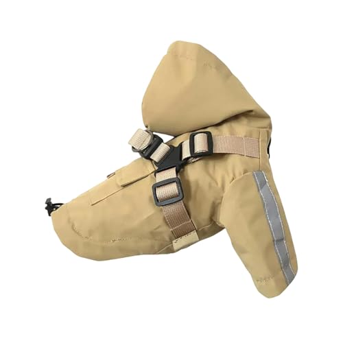 YJDZ Verstellbarer wasserdichter Hunde-Regenmantel mit Kordelzug auf der Rückseite und Kapuze, reflektierender Streifenponcho für kleine bis mittelgroße Hunde (Beige, M) von YJDZ