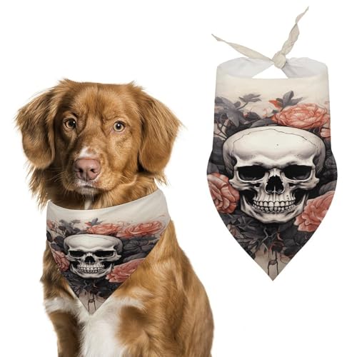 Weiches und atmungsaktives Haustier-Halstuch für Hunde und Katzen, antiker Totenkopf und Blumendruck, leichter Polyester-Schal, perfekt für den täglichen Stil oder besondere Anlässe von YJWANDL