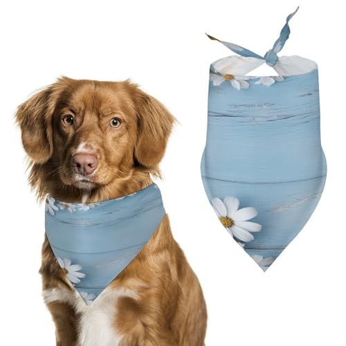 Weiches und atmungsaktives Haustier-Halstuch für Hunde und Katzen, weiße Blumen, hellblau, Holzdruck, leichter Polyester-Schal, perfekt für den täglichen Stil oder besondere Anlässe von YJWANDL