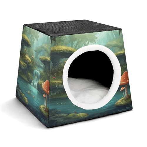 YJWANDL Space Capsule Haustierbett für Katzen und kleine Hunde, Blick auf Fantasy River mit Teich und Fischen, Pilz im Dschungelbäume, bedruckt, tragbares Haustierbett, kleines Haustierbett, von YJWANDL