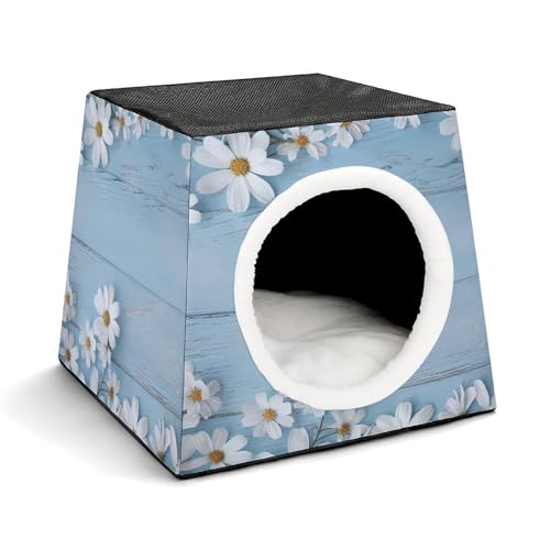 YJWANDL Space Capsule Haustierbett für Katzen und kleine Hunde, weiße Blumen, hellblau, Holzdruck, tragbares Haustierbett, kleines Haustierbett, gemütliches und maschinenwaschbares Haustiernest von YJWANDL