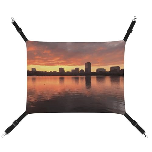 YJWANDO Haustier-Hängematte, Boston Charles River City Skyline Sonnenuntergang Druck, bequeme Haustierhängematte, atmungsaktives Segeltuch, Haustierbett für Katzen und kleine Hunde, verstellbar und von YJWANDO