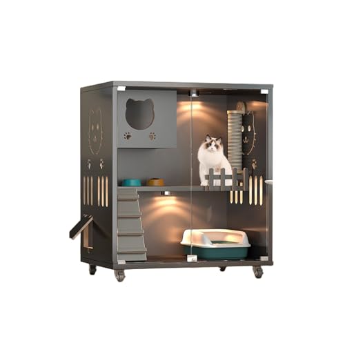 Multifunktionales Katzenapartment Mit Universalrädern, Katzenhaus, Mehrstöckige Katzenvilla Aus Massivholz, Katzenzimmer Mit Schloss, Katzenkratzbaum Mit Tür Aus Gehärtetem, L31 X B24 X H37(Gray) von YKANYN