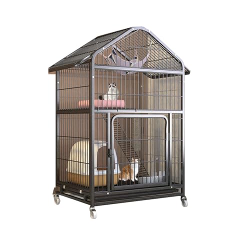 Triplex-Katzenhaus, Katzenkäfig Aus Draht, Multifunktionales Katzenhaus Mit Universalrädern, Katzenvilla Mit Verschließbarer Eisentür, Katzenkratzbaum, L28 X B21 X H46(Black) von YKANYN