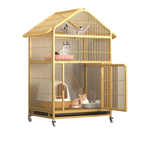 Triplex-Katzenhaus, Katzenkäfig Aus Draht, Multifunktionales Katzenhaus Mit Universalrädern, Katzenvilla Mit Verschließbarer Eisentür, Katzenkratzbaum, L28 X B21 X H46(Yellow) von YKANYN