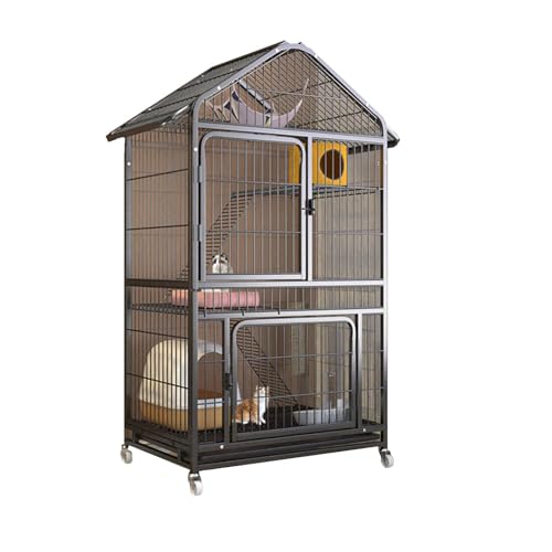 Übergroßes Vierstöckiges Katzenhaus, Katzenkäfig Aus Draht, Multifunktionales Katzenhaus Mit Universalrädern, Katzenvilla Mit Abschließbarer Eisentür, Katzenkratzbaum, L33 X B24 X H65(Black) von YKANYN