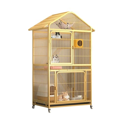 Übergroßes Vierstöckiges Katzenhaus, Katzenkäfig Aus Draht, Multifunktionales Katzenhaus Mit Universalrädern, Katzenvilla Mit Abschließbarer Eisentür, Katzenkratzbaum, L33 X B24 X H65(Yellow) von YKANYN