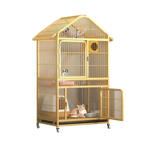 Vierstöckiges Katzenhaus, Katzenkäfig Aus Draht, Multifunktionales Katzenhaus Mit Universalrädern, Katzenvilla Mit Verschließbarer Eisentür, Katzenkratzbaum, L31 X B21 X H56(Yellow) von YKANYN