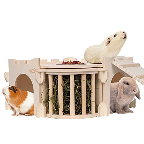 Großes Meerschweinchenschloss Naturholz Hasenhaus mit Leiter und Heufutterstation Kleintierversteck für Kaninchen Meerschweinchen Igel Chinchilla von YKD