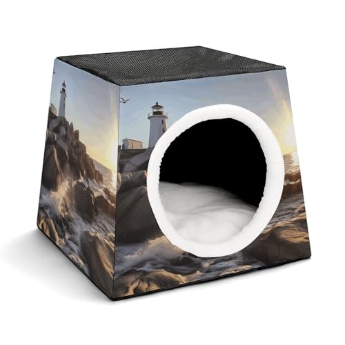 YKUDBN Cozy Capsule Pet Nest for Small Cats and Dogs, Lighthouse Rocks Seaside Print Portable Pet Nest Small Pet Nest Capsule Design Pet Nest Small Animal Nest von YKUDBN