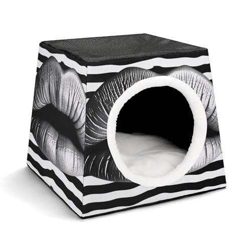 YKUDBN Cozy Capsule Pet Nest for Small Cats and Dogs, Lips Printed in Black and White Stripes Print Portable Pet Nest Small Pet Nest Capsule Design Pet Nest Small Animal Nest von YKUDBN