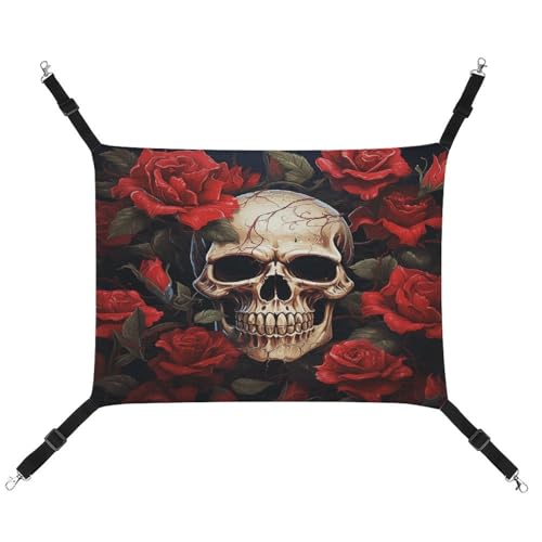 YKUDBN Tragbare Haustier-Hängematte aus Segeltuch, Totenkopf-Rosen-roter Druck, stilvolle Haustierhängematte, ideal für kleine Haustiere, atmungsaktiv, platzsparend und leicht zu reinigen von YKUDBN