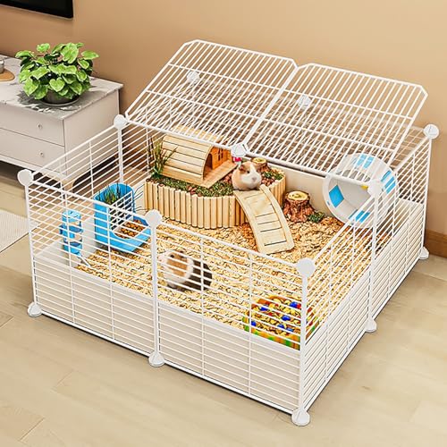 Kaninchenkäfig, Meerschweinchen Gehege Kaninchenzaun mit Automatischer Kotentfernung und Fußmatten, Laufstall für Kleintiere für Meerschweinchen, Kaninchen(White,72 * 72 * 37cm) von YLEPHNE