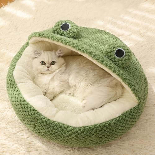 YLFYSL Süßes Frosch-Katzenbett, gemütliche Katzenhöhle, Kätzchen-Schlafsack mit rutschfester Unterseite, warmes samtiges Katzenbett für Indoor-Katzen, abnehmbares Kissen, Nest Iglu-Design für von YLFYSL