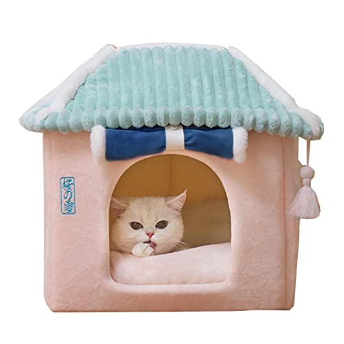 Katzenbett, Quadratisches Katzennest, Rutschfestes Katzenschlafhaus mit Abnehmbarem Kissen, Multifunktionales Haustierbett für Alle Jahreszeiten, Zuhause, Drinnen, Katzen,(Marineblauer Vorhang) von YLSZHY