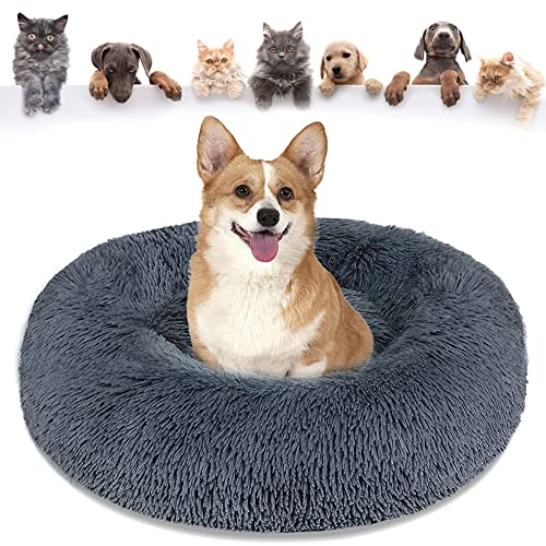 YMWD Haustierbett für Katzen und Hunde Rundes Plüsch Hundebett Katzenbett in Doughnut-Form Waschbar Rutschfestes Kunstpelz Hundesofa für Hund Flauschiges kuscheliges Schlafbett,Dark Gray,100cm(39'') von YMWD