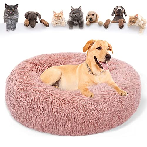 Haustierbett für Katzen und Hunde Rundes Plüsch Hundebett Katzenbett in Doughnut-Form Waschbar Rutschfestes Kunstpelz Hundesofa für Hund Flauschiges kuscheliges Schlafbett ,Leather Pink,110cm(43'') von YMWD