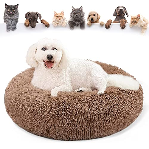 Haustierbett für Katzen und Hunde Rundes Plüsch Hundebett Katzenbett in Doughnut-Form Waschbar Rutschfestes Kunstpelz Hundesofa für Hund Flauschiges kuscheliges Schlafbett ,Light Brown,120cm(47'') von YMWD