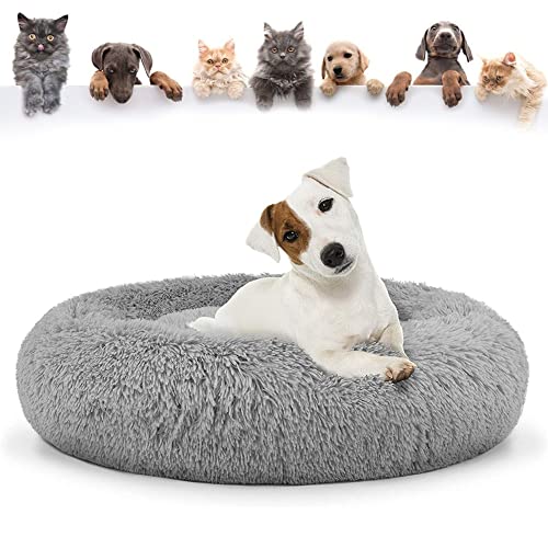 YMWD Haustierbett für Katzen und Hunde Rundes Plüsch Hundebett Katzenbett in Doughnut-Form Waschbar Rutschfestes Kunstpelz Hundesofa für Hund Flauschiges kuscheliges Schlafbett,Light Grey,100cm(39'') von YMWD