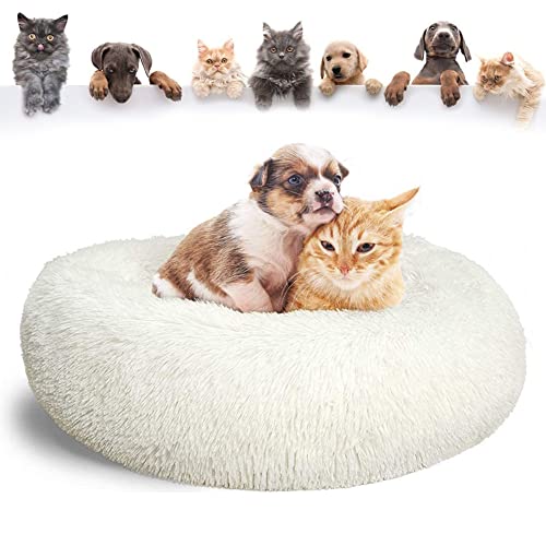 YMWD Haustierbett für Katzen und Hunde Rundes Plüsch Hundebett Katzenbett in Doughnut-Form Waschbar Rutschfestes Kunstpelz Hundesofa für Hund Flauschiges kuscheliges Schlafbett,White,120cm(47'') von YMWD