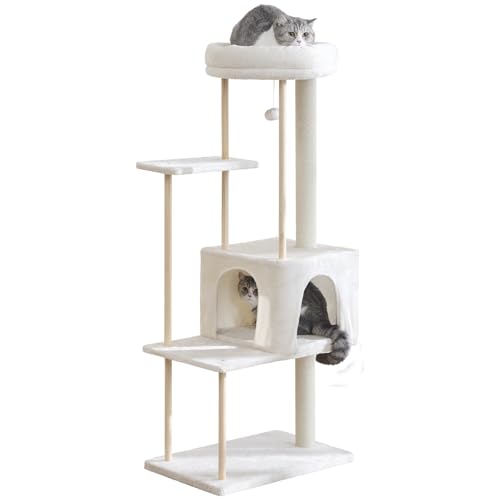 YOCAN 142 cm großer Katzenbaum für Indoor-Katzen, Katzenturm aus Holz mit Höhle und weichen Kissen, Sisalumwickelte Kratzstämme, mehrstufige Sitzstangen für große Katzen, Beige von YOCAN