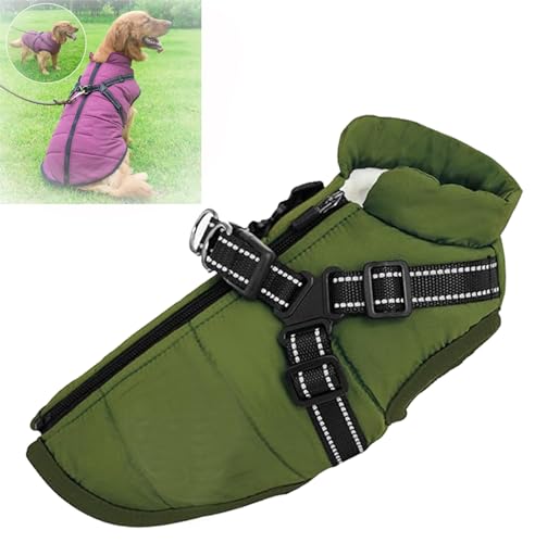 YODAOLI Waterproof Winter Dog Jacket with Built-in Harness, Winter Warm Dog Coat with Detachable Harness, Dog Jacket with Harness, Waterproof Windproof Dog Winter Warm Coats (5X-Large,Green) von YODAOLI