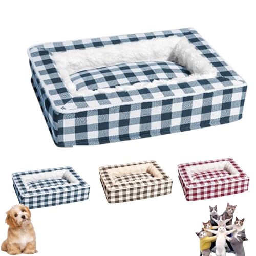 Classic Tartan Pet Bed-Square Dog Beds, Tartan Cozy Dog Anti-Anxiety Calming Bed, Festive Classic Bed Square, Removable Washable Soft Fluffy Dog Sleeping Mat for Large Medium Small Pet (L,Blue) von YOHFRFGX