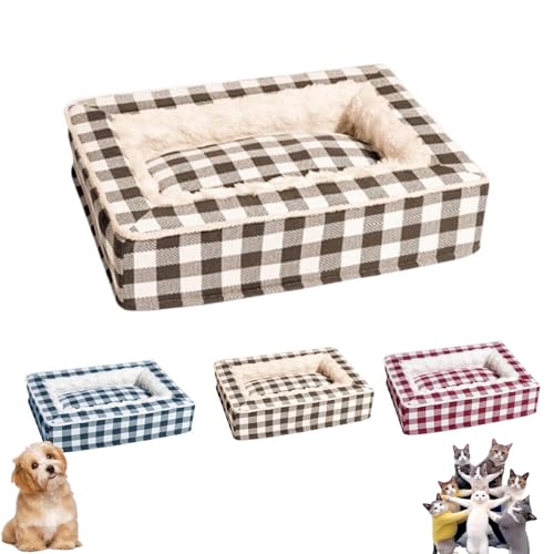 Classic Tartan Pet Bed-Square Dog Beds, Tartan Cozy Dog Anti-Anxiety Calming Bed, Festive Classic Bed Square, Removable Washable Soft Fluffy Dog Sleeping Mat for Large Medium Small Pet (L,Brown) von YOHFRFGX