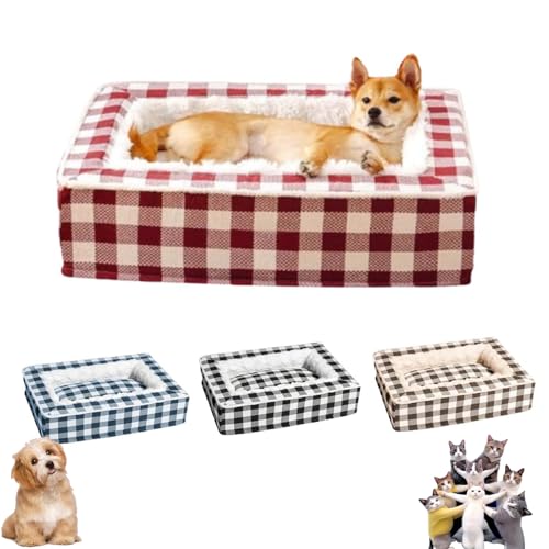 Classic Tartan Pet Bed-Square Dog Beds, Tartan Cozy Dog Anti-Anxiety Calming Bed, Festive Classic Bed Square, Removable Washable Soft Fluffy Dog Sleeping Mat for Large Medium Small Pet (L,Red) von YOHFRFGX