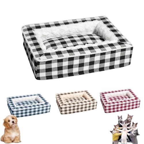 Classic Tartan Pet Bed-Square Dog Beds, Tartan Cozy Dog Anti-Anxiety Calming Bed, Festive Classic Bed Square, Removable Washable Soft Fluffy Dog Sleeping Mat for Large Medium Small Pet (M,Black) von YOHFRFGX