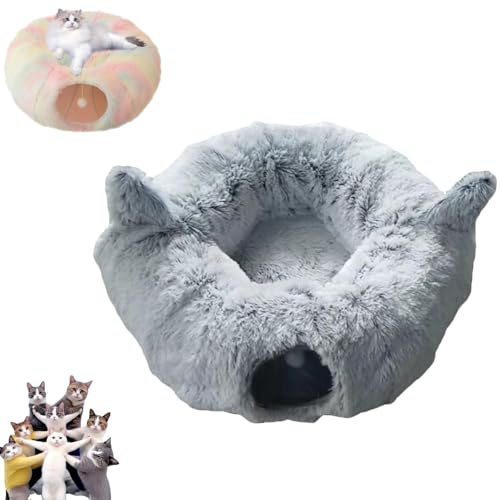 Furry Donut Cat Toy, Furry Cat Donut, Furry Cat Donut, Cat Tunnel Bed with Furry Soft Mat, Cat Donut Tunnels, Peekaboo Tube Cat Cave Toys, Cat Tunnels for Indoor Cats (Gray with Ears) von YOHFRFGX