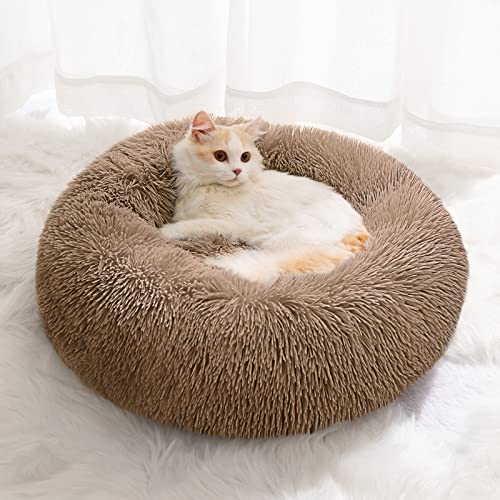 YOJOGEE Kleines Katzenbett für Wohnungskatzen, selbstwärmendes Donut-Kittybett für kleine Katzen, hält warm, waschbares Haustierbett mit rutschfester Unterseite, hellkaffeefarben, 40 cm von YOJOGEE